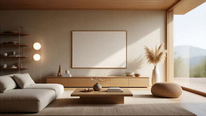 Modern minimalist living room with large window and wooden furniture