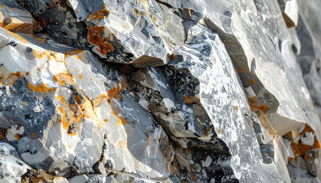 Close Up Of Gray And White Rock With Orange Lichen Growth Showing Detailed Texture And Natural Patches In Sunlight - Powered by Adobe