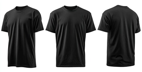 Three angles of plain black t-shirt isolated on white background