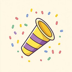 Confetti bursts from a yellow and purple party popper on a beige background