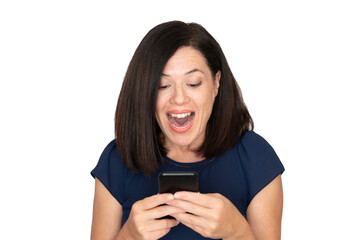 Woman reacting with an expression of pure joy and surprise while looking down at her smartphone, celebrating good news, success, or winning a mobile game