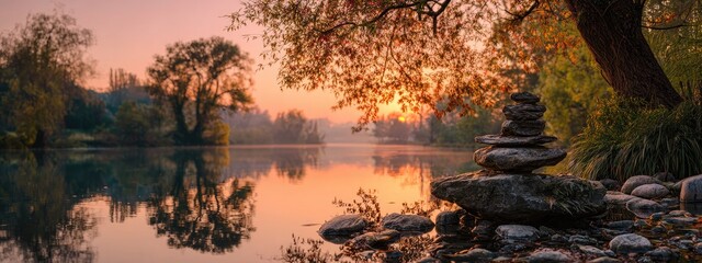 Serene waterscape; balanced stones at dawn, tranquil, reflective, peaceful