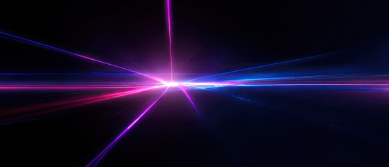 Light bursts outwards with streaks in hues of magenta and blue on dark backdrop