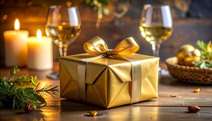 Gold-wrapped gift box with ribbon, white wine glass, and ornament on wood surface in festive glow.