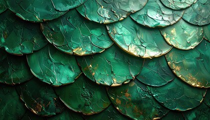 Close up of overlapping textured emerald green scales with gold flecks and sparkling highlights creating a pattern and abstract background