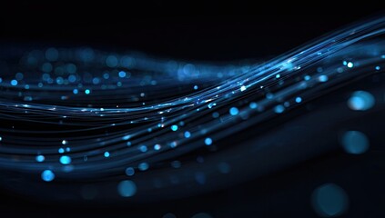 Flowing lines of blue light with blurred bokeh effects against a dark background
