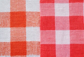 Checked fabric orange/red and white pattern, close-up texture, table cloth