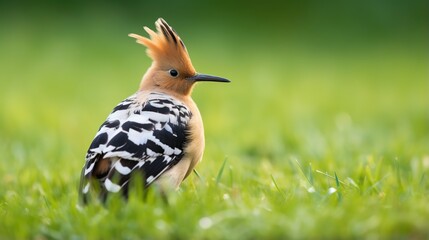 Elegant Hoopoe Bird Standing in Lush Green Field with Striking Crest and Black-White Wing Pattern