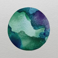 Watercolor circle with blends of green, teal, and purple hues on textured paper