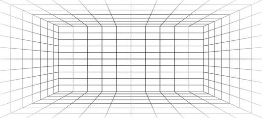 Futuristic perspective grid box. Abstract wireframe with black grid line on white background. Virtual reality landscape in 80s 90s digital style. Vector illustration.