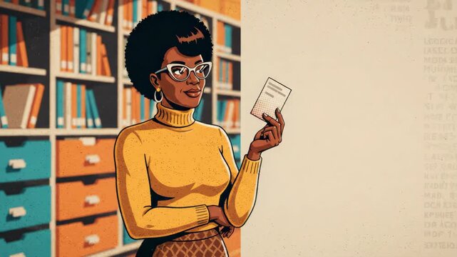 African American woman librarian holding library card in retro style library for education or research