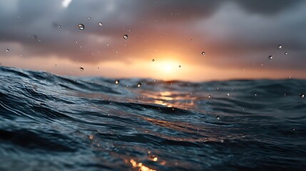 Turbulent ocean waves reflect golden sunset light as raindrops fall through dramatic clouds