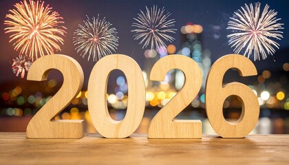 Wooden blocks showing year change from 2025 to 2026 with fireworks and festive lights in background.