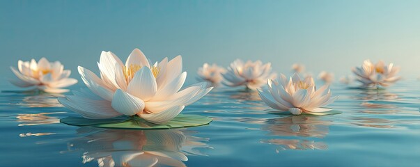 Serene lotuses bloom, adrift on gentle blue waters under a pastel sky