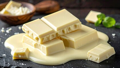 Creamy White Chocolate Bars Melting on Dark Stone Surface with Fresh Mint Leaves and Shavings in Soft Lighting