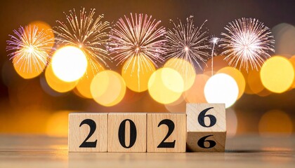 Wooden blocks showing year change from 2025 to 2026 with fireworks and festive lights in background.