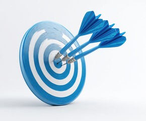 Blue darts tightly grouped on a target, bullseye, against a plain white backdrop