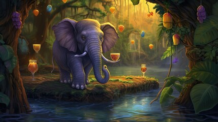 Enchanting Jungle River Scene with a Purple Elephant and Floating Lanterns at Dusk