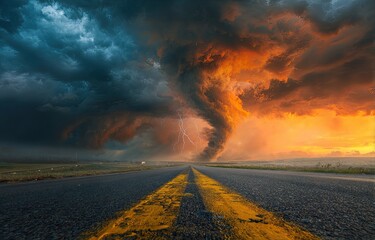 Ominous twister touches down near road, contrasted with sunlight on ominous sky