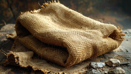 Close up on a folded burlap sack with frayed edges resting on a textured surface with scattered small particles and debris in dimly lit environment
