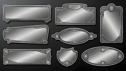 Luxury metallic badges and labels. Featuring polished chrome accents and refined ornaments for premium packaging and high-end brand aesthetics.