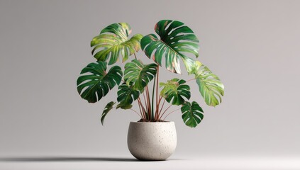 Monstera plant in speckled white pot, against soft gray backdrop