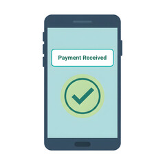 Mobile phone displaying payment received notification with a checkmark indicating successful transaction confirmation on its screen