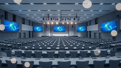 A large conference hall with rows of chairs and multiple screens displaying abstract graphics on the walls