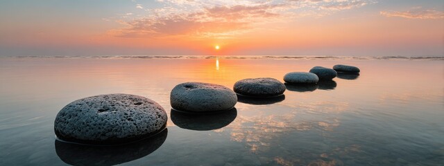 Stepping stones lead into a calm water sunset with pink and orange hues