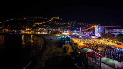 Fototapeta premium Drone View of Alanya Christmas Market at Night