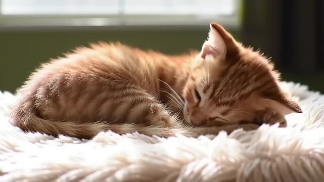 Adorable ginger kitten peacefully sleeping on a soft white fluffy blanket in a cozy home setting.