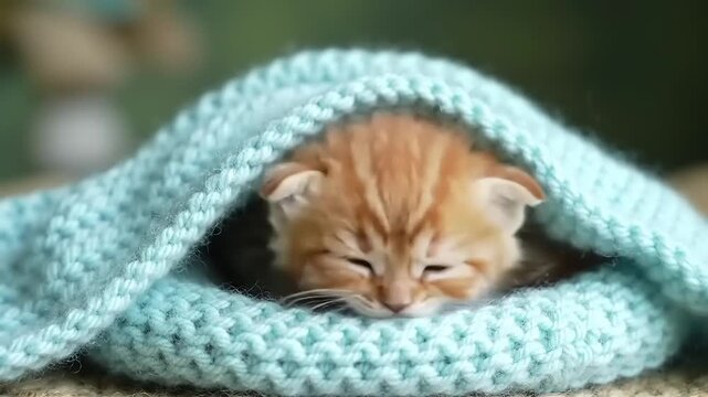 Adorable ginger kitten sleeping soundly under a cozy blue knitted blanket.