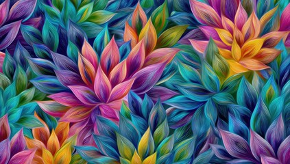 Vibrant floral pattern; stylized petals with abstract colors & textures