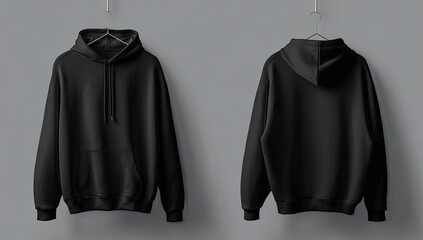 Black hoodie on hanger, front and back views, against a gray background