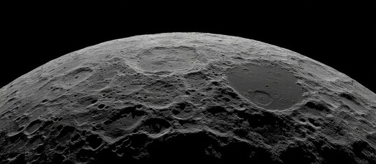 Heavily cratered gray moon surface against dark space; curved horizon