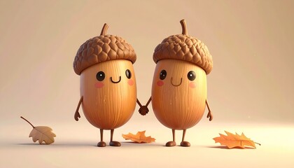 Cute Cartoon Acorns Holding Hands With Autumn Leaves On A Light Background
