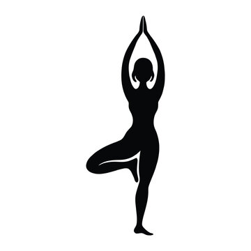 Black silhouette of a woman in a yoga tree pose on white background vrikshasana