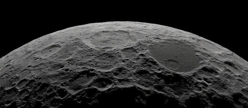 Heavily cratered gray moon surface against dark space; curved horizon