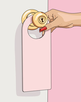 Vector Illustration of a Woman's Hand Holding a Blank Door Hanger Mockup on Pink Background. Copy Space Do Not Disturb Hotel Room Sign