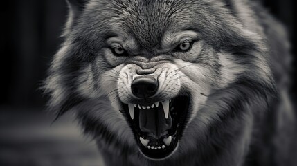 Ferocious snarling wolf close up portrait with bared teeth and intense glare in monochrome