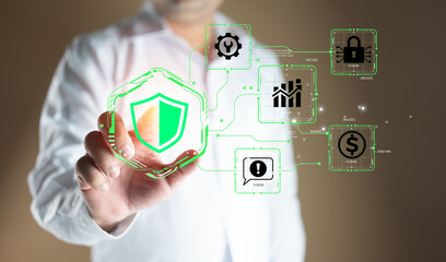 Cyber security system and data protection. Touch glowing shield emblem on screen. Protecting digital information with artificial intelligence security, data encryption for network security.