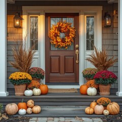 Autumn Fall Porch Decor with Pumpkins, Mums, and Seasonal Wreath