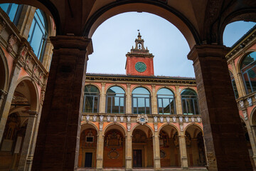 Piazza Maggiore, Bologna City’s main square with Medieval and Renaissance arching buildings in Italy © Naya Na