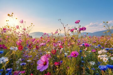 Colorful wildflower field under a bright, sunlit sky with misty mountains