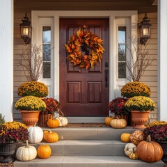 Autumn Fall Porch Decor with Pumpkins, Mums, and Seasonal Wreath