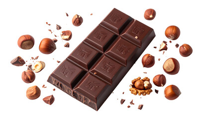 A dark chocolate bar with hazelnuts arranged artistically on a black background