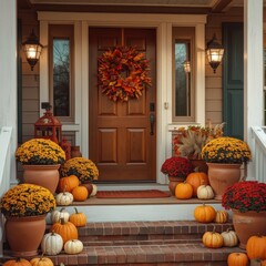 Autumn Fall Porch Decor with Pumpkins, Mums, and Seasonal Wreath