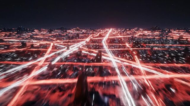 Wide aerial view of stylized red and white distant light streaks flowing rapidly across a dark abstract landscape simulating city traffic trails infrastructure, motion blur, movement