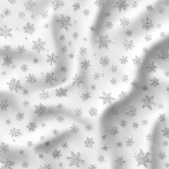 White fabric with scattered silver snowflake pattern, soft ripples, shimmering
