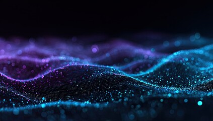 Abstract flowing mesh of vibrant blue and purple lights on black background
